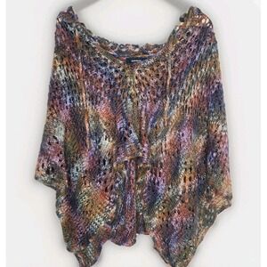 Express Metallic Rainbow Crochet‎ Knit Hooded Boho Hippie Relaxed Poncho Size S